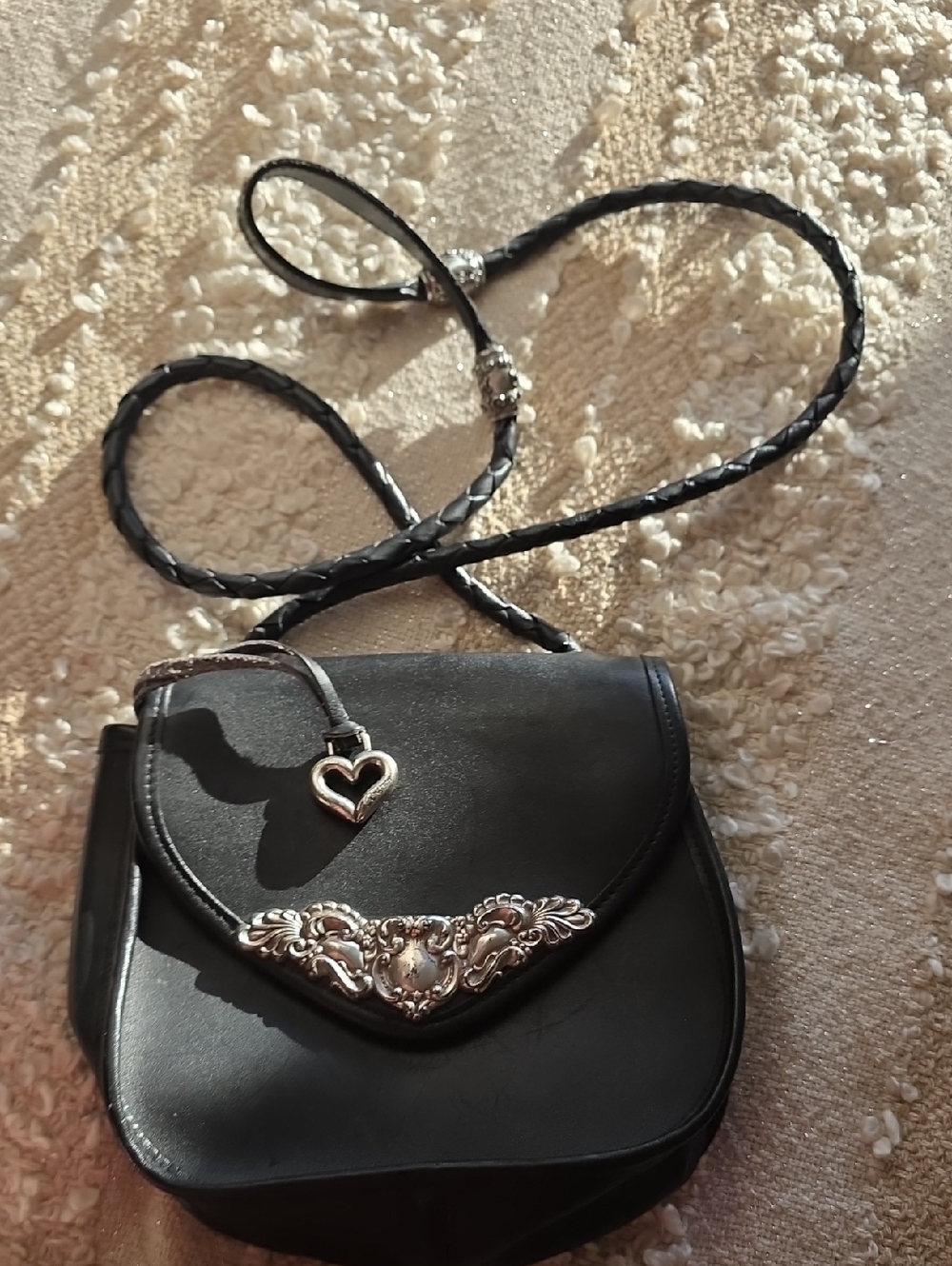 Vintage Brighton Black Leather Crossbody Silver Metal Heart Charm